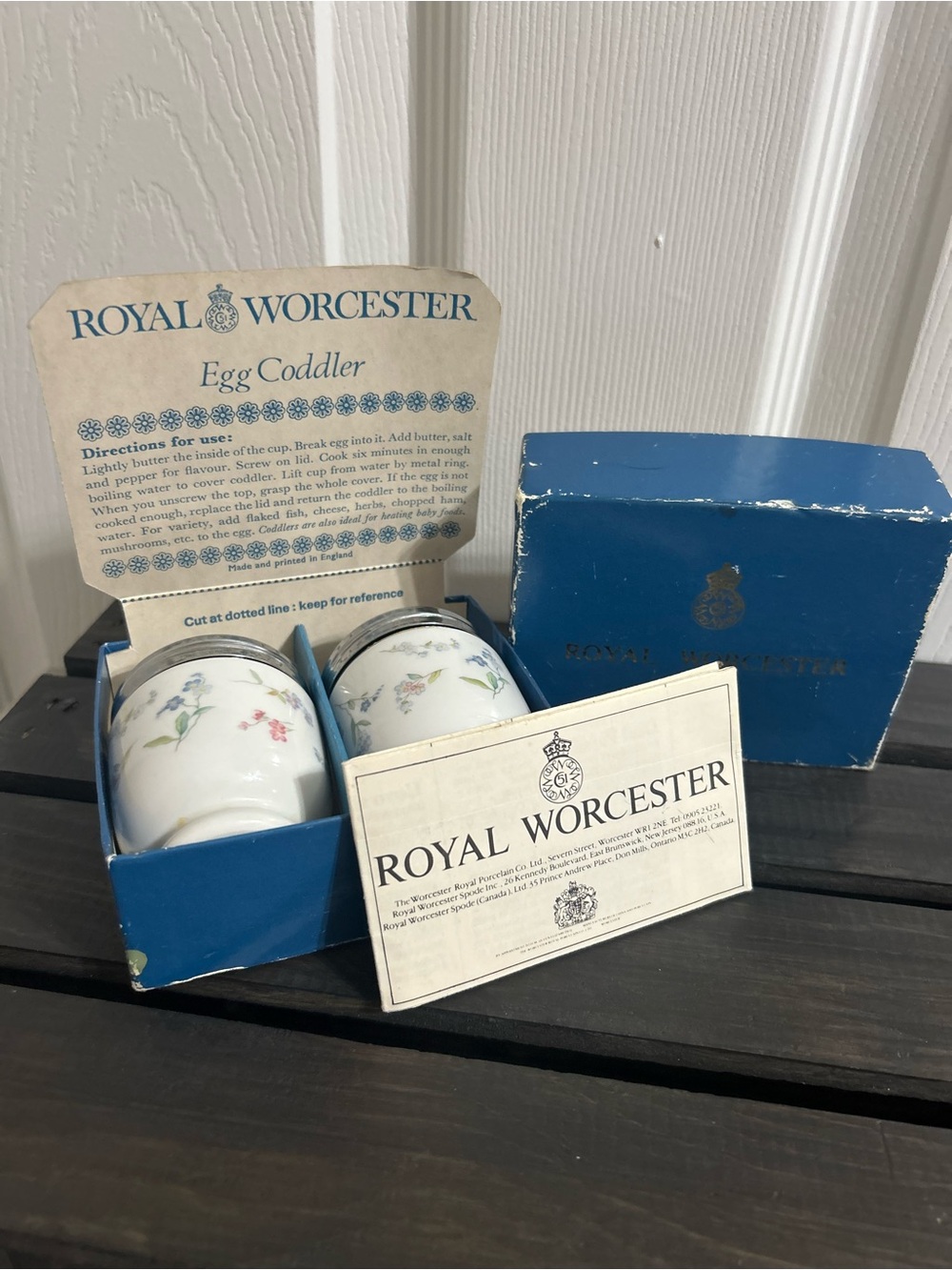 Vintage Royal Worcester Forget Me Not Pair of Egg Coddlers W/ Original Box